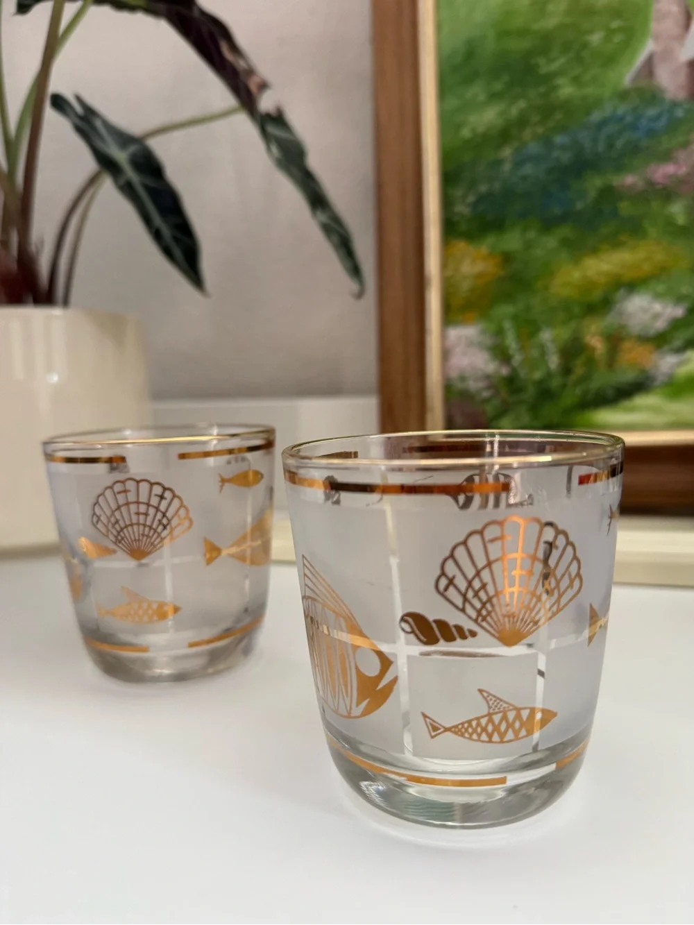 Vintage Libbey Gold Fish and Seashell Glass Tumblers